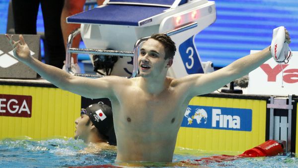 Swimming - 18th FINA World Swimming Championships - Men's 200m Butterfly Final - Nambu University Municipal Aquatics Center, Gwangju, South Korea - July 24, 2019. Kristof Milak of Hungary celebrates winning Swimming - 18th FINA World Swimming Championships - Men's 200m Butterfly Final - Nambu University Municipal Aquatics Center, Gwangju, South Korea - July 24, 2019. Kristof Milak of Hungary celebrates winning - Sputnik International