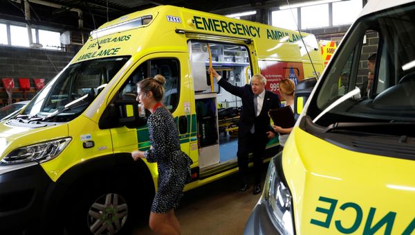 Britain's Prime Minister Boris Johnson holds on to an ambulance during a visit to Pilgrim Hospital in Boston, Britain August 5, 2019 Britain's Prime Minister Boris Johnson holds on to an ambulance during a visit to Pilgrim Hospital in Boston, Britain August 5, 2019 - Sputnik International