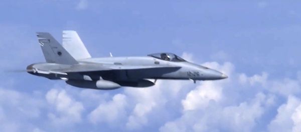 In this video grab taken from a footage on Aug. 13, 2019, and distributed by Russian Defense Ministry Press Service, a NATO F-18 warplane is viewed from the window of a passenger plane carrying Russian Defense Minister Sergei Shoigu over the Baltic Sea. - Sputnik International