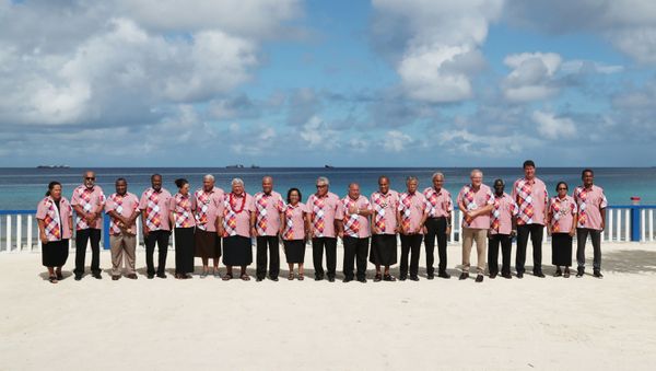 Australia's Prime Minister Scott Morrison (5th R) posing for a group photo with other leaders on the sidelines of the Pacific Islands Forum in Tuvalu Australia's Prime Minister Scott Morrison (5th R) posing for a group photo with other leaders on the sidelines of the Pacific Islands Forum in Tuvalu - Sputnik International