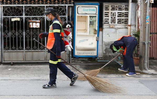 Thitirat Keowa-ram, Bangkok's street sweeper, carries her 1-year old poodle-shih tzu mix breed as she works at a street in Bangkok, Thailand, August 28, 2019.  - Sputnik International