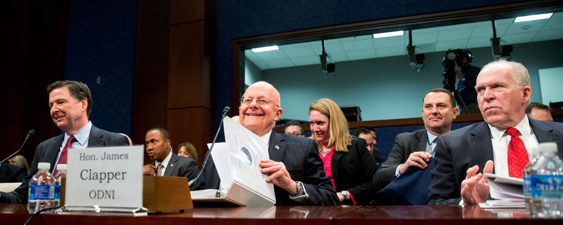 From left, then-FBI Director James Comey, then-Director of National Intelligence James Clapper, and then-CIA Director John Brennan arrive at a House Intelligence Committee hearing on world wide threats on Capitol Hill in Washington, Thursday, Feb. 25, 2016. - Sputnik International, 1920, 26.05.2022
