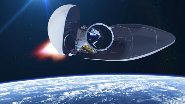 This handout image acquired from the European Space Agency (ESA) on August 21, 2018, shows a digital representation of the Aeolus wind satellite as the rocket’s fairing, which cocoons Aeolus during liftoff and ascent, opens. This handout image acquired from the European Space Agency (ESA) on August 21, 2018, shows a digital representation of the Aeolus wind satellite as the rocket’s fairing, which cocoons Aeolus during liftoff and ascent, opens. - Sputnik International