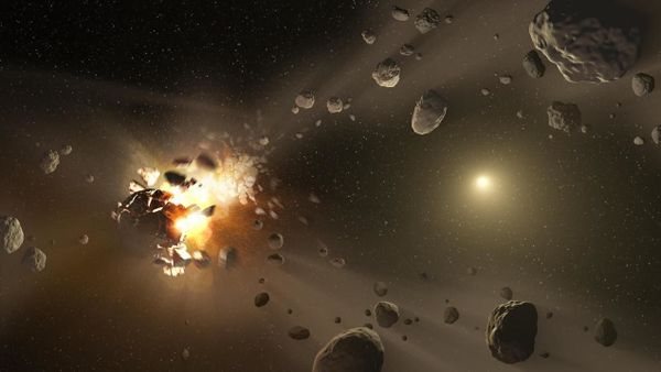 An artist's concept of catastrophic collisions between asteroids located in the belt between Mars and Jupiter. An artist's concept of catastrophic collisions between asteroids located in the belt between Mars and Jupiter. - Sputnik International
