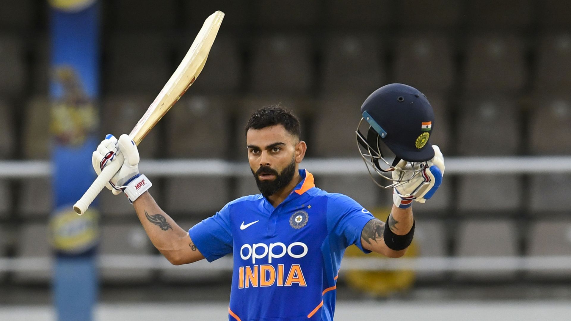 India's Virat Kohli celebrates his century during the third one-day international match between the West Indies and India at Queens Park Oval, Port of Spain, Trinidad and Tobago, on 14 August 2019. India's Virat Kohli celebrates his century during the third one-day international match between the West Indies and India at Queens Park Oval, Port of Spain, Trinidad and Tobago, on 14 August 2019. - Sputnik International, 1920, 24.06.2021