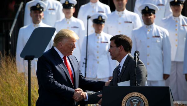 U.S. President Donald Trump shakes hands with U.S. Defense Secretary Mark Esper during a ceremony marking the 18th anniversary of September 11 attacks at the Pentagon in Arlington, Virginia, U.S., September 11, 2019. REUTERS/Al Drago - Sputnik International