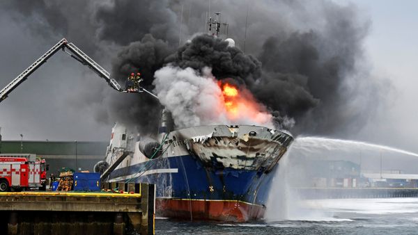 The Russian fishing trawler Bukhta Naezdnik burns in the harbour of Tromso, Norway September 25, 2019. Picture taken September 2019 The Russian fishing trawler Bukhta Naezdnik burns in the harbour of Tromso, Norway September 25, 2019. Picture taken September 2019 - Sputnik International