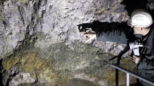 A miner points to a seam of lithium in the Czech Republic - Sputnik International