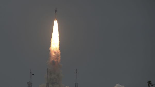 The Indian Space Research Organisation's (ISRO) Chandrayaan-2 (Moon Chariot 2), with on board the Geosynchronous Satellite Launch Vehicle (GSLV-mark III-M1), launches at the Satish Dhawan Space Centre in Sriharikota, an island off the coast of southern Andhra Pradesh state, on July 22, 2019. - Sputnik International