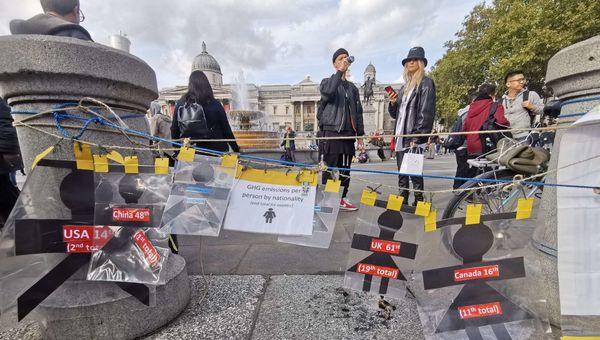 A display of the world's largest polluters can be seen at the XR camp at Trafalgar Square in London, UK A display of the world's largest polluters can be seen at the XR camp at Trafalgar Square in London, UK - Sputnik International