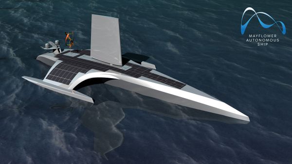 CGI Visualisation of the Mayflower Autonomous Ship at sea, with the wingsail and the solar panels propelling the ship visible - Sputnik International