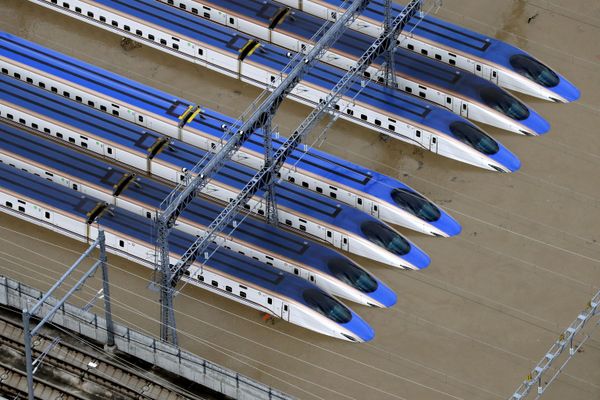 A Shinkansen bullet train rail yard is seen flooded due to heavy rains caused by Typhoon Hagibis in  Nagano, central Japan, October 13, 2019, in this photo taken by Kyodo. - Sputnik International