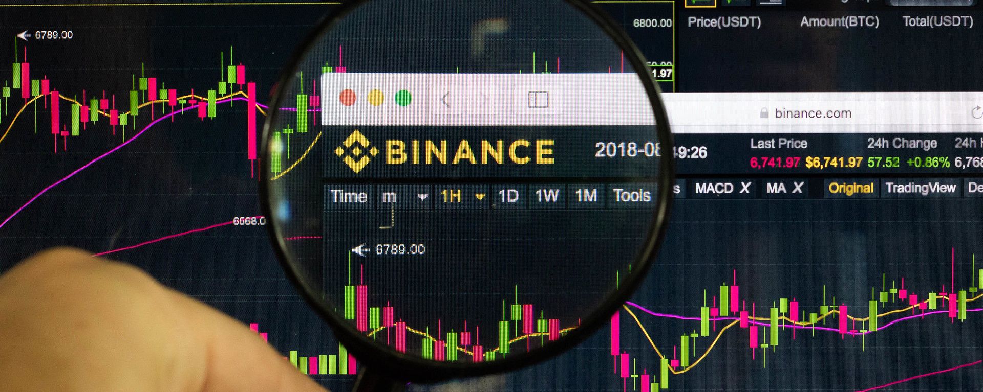 Man holding magnifying glass over Binance logo - Sputnik International, 1920, 07.06.2023