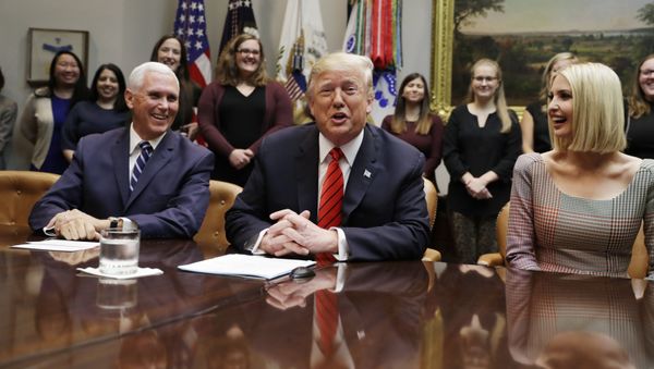 President Donald Trump arrives to speak to NASA astronauts carrying out the first ever all-female spacewalk, during a call from the Roosevelt Room of the White House, Friday, Oct. 18, 2019, in Washington President Donald Trump arrives to speak to NASA astronauts carrying out the first ever all-female spacewalk, during a call from the Roosevelt Room of the White House, Friday, Oct. 18, 2019, in Washington - Sputnik International