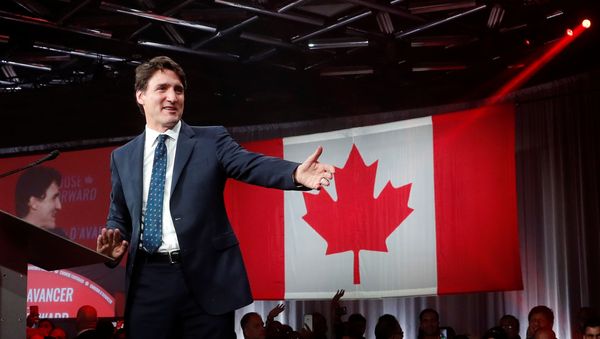 Liberal leader and Canadian Prime Minister Justin Trudeau reacts after the federal election at the Palais des Congres in Montreal, Quebec, Canada October 22, 2019.  - Sputnik International