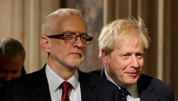 Britain's Prime Minister Boris Johnson and opposition Labour Party Leader Jeremy Corbyn walk through the Commons Members Lobby in Parliament, London, Britain, October 14, 2019. - Sputnik International