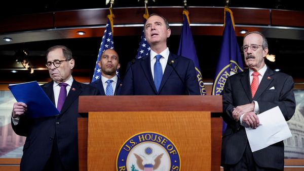 Chairman of the House Intelligence Committee Adam Schiff (D-CA), Chairman of the House Judiciary Committee Jerrold Nadler (D-NY), Leader of the House Democratic Caucus Hakeem Jeffries (D-NY) and Chairman of the House Foreign Affairs Eliot Engel (D-NY) speak during a media briefing after a House vote approving rules for an impeachment inquiry into U.S. President Trump on Capitol Hill in Washington - Sputnik International
