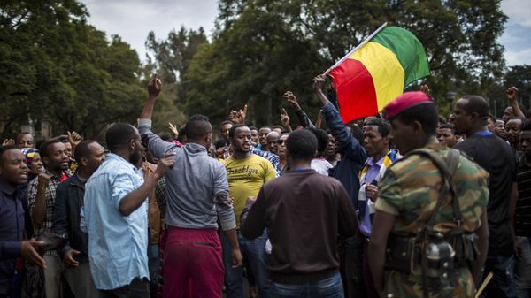 Thousands of protestors from the capital and those displaced by ethnic-based violence over the weekend in Burayu, demonstrate to demand justice from the government in Addis Ababa, Ethiopia Monday, Sept. 17, 2018. - Sputnik International