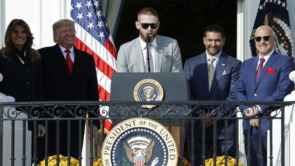 Washington Nationals starting pitcher Stephen Strasburg (M) speaks as (L-R) First Lady Melania Trump, President Donald Trump, Nationals manager Dave Martinez, and Nationals general manager Mike Rizzo listen during a ceremony honoring the 2019 World Series champion  - Sputnik International