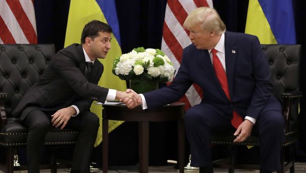 FILE - In this Sept. 25, 2019, file photo, President Donald Trump meets with Ukrainian President Volodymyr Zelenskiy at the InterContinental Barclay New York hotel during the United Nations General Assembly in New York. From the moment he was elected, Zelenskiy pushed for an Oval Office meeting with President Donald Trump FILE - In this Sept. 25, 2019, file photo, President Donald Trump meets with Ukrainian President Volodymyr Zelenskiy at the InterContinental Barclay New York hotel during the United Nations General Assembly in New York. From the moment he was elected, Zelenskiy pushed for an Oval Office meeting with President Donald Trump - Sputnik International