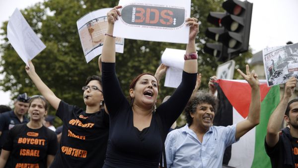 A Pro-Palestinian Gaza Beach protestor holds a placard reading BDS (Boycotts, divestment and sanctions) during a gathering on the sidelines of Tel Aviv Sur Seine (File) - Sputnik International