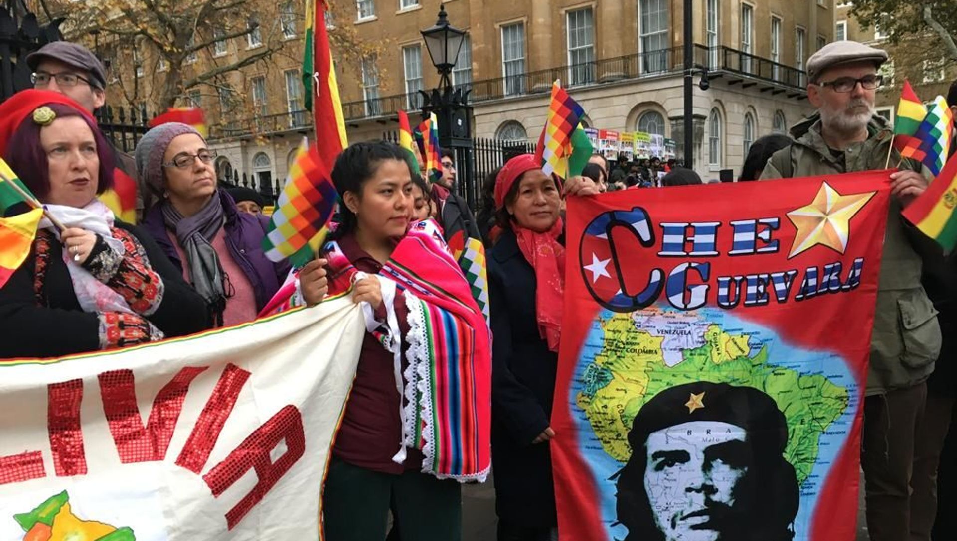 Protestors from numerous organisations hold banners and Whipala flags outside 10 Downing street to condemn the violence spreading across Bolivia following Evo Morales' asylum in Mexico Protestors from numerous organisations hold banners and Whipala flags outside 10 Downing street to condemn the violence spreading across Bolivia following Evo Morales' asylum in Mexico - Sputnik International, 1920, 14.03.2021