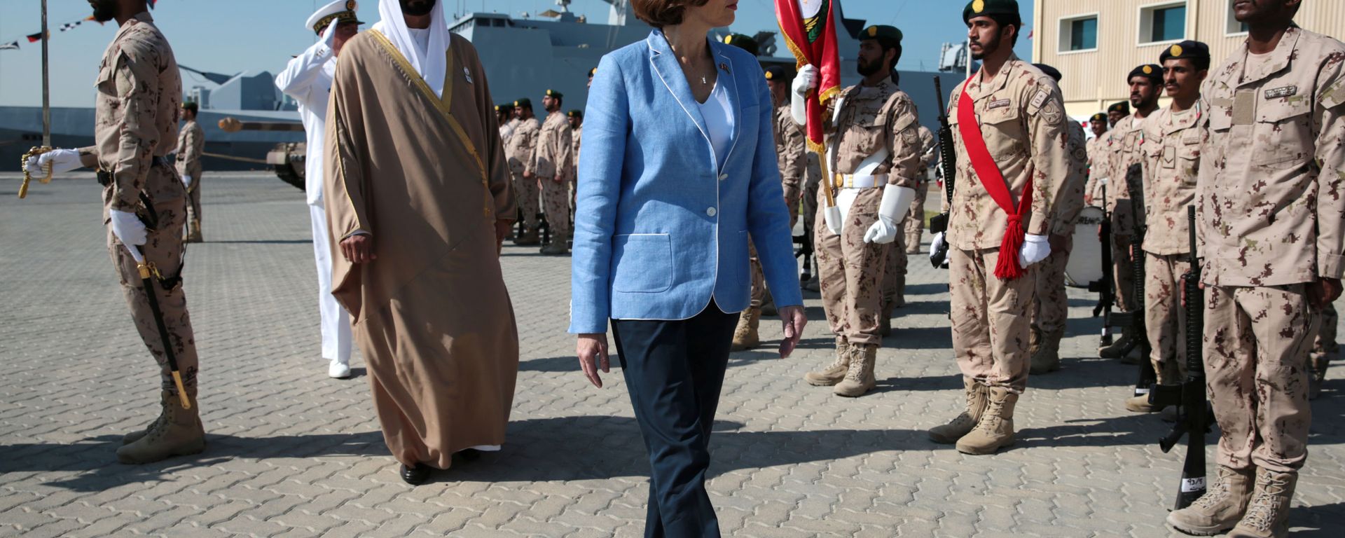 French Defence Minister Florence Parly and United Arab Emirates' Minister of State for Defence Mohammed Bin Ahmad al-Bawardi inspect members of an honour guard during a military ceremony at the French Naval Base in Abu Dhabi, United Arab Emirates November 24, 2019 French Defence Minister Florence Parly and United Arab Emirates' Minister of State for Defence Mohammed Bin Ahmad al-Bawardi inspect members of an honour guard during a military ceremony at the French Naval Base in Abu Dhabi, United Arab Emirates November 24, 2019 - Sputnik International, 1920, 25.11.2019