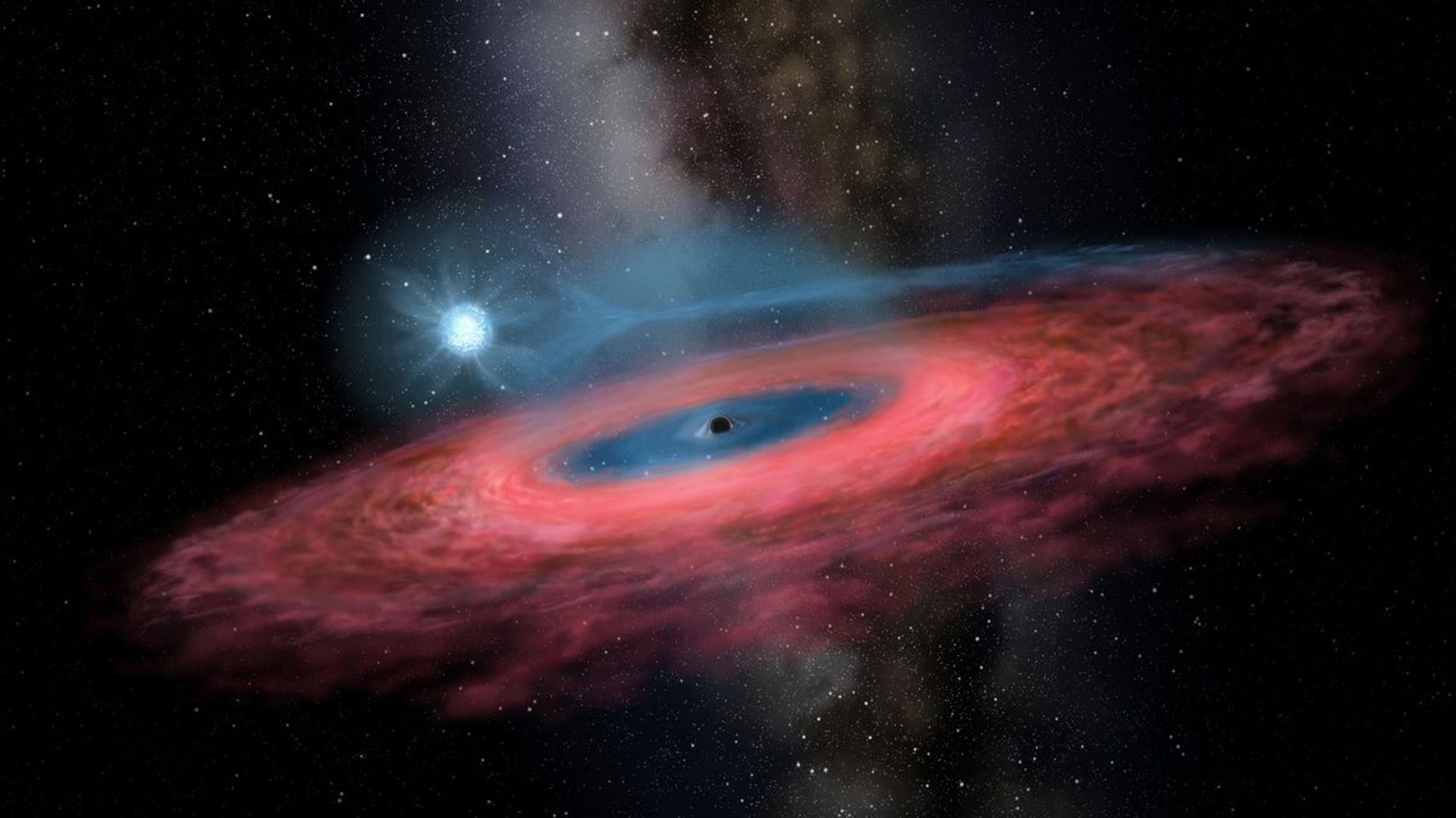 Figure LB-1: Accretion of gas onto a stellar black hole from its blue companion star, through a truncated accretion disk (Artist impression) Figure LB-1: Accretion of gas onto a stellar black hole from its blue companion star, through a truncated accretion disk (Artist impression) - Sputnik International, 1920, 18.03.2021