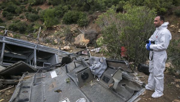 A police investigator near a regional bus that crashed  in the Amdoun region, northern Tunisia - Sputnik International