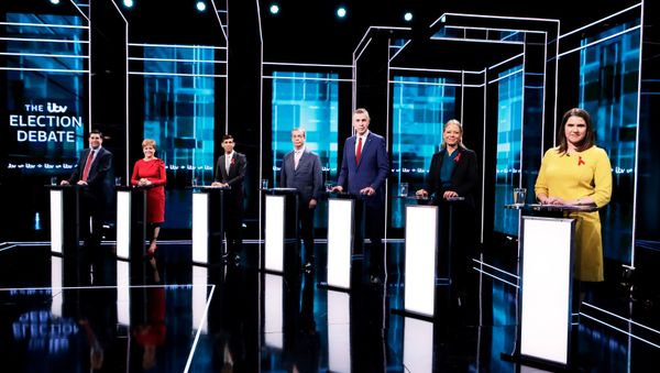 Labour Party's Richard Bergen, SNP leader and Scottish First Minister Nicola Sturgeon, Conservatives' Chief Secretary to the Treasury Rishi Sunak, Brexit Party leader Nigel Farage, Plaid Cymru leader Adam Price, Green Party Co-Leader Sian Berry and British Liberal Democrat leader Jo Swinson attend an election debate in London, Britain December 1, 2019 - Sputnik International