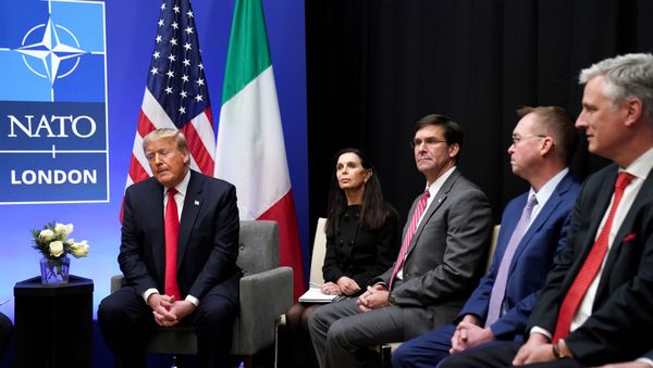 U.S. President Donald Trump speaks as U.S. Defense Secretary Mark Esper and Acting White House Chief of Staff Mick Mulvaney look on during a bilateral meeting with Italian Prime Minister Giuseppe Conte on the sidelines of the NATO summit in Watford, Britain, December 4, 2019. REUTERS/Kevin Lamarque U.S. President Donald Trump speaks as U.S. Defense Secretary Mark Esper and Acting White House Chief of Staff Mick Mulvaney look on during a bilateral meeting with Italian Prime Minister Giuseppe Conte on the sidelines of the NATO summit in Watford, Britain, December 4, 2019. REUTERS/Kevin Lamarque - Sputnik International