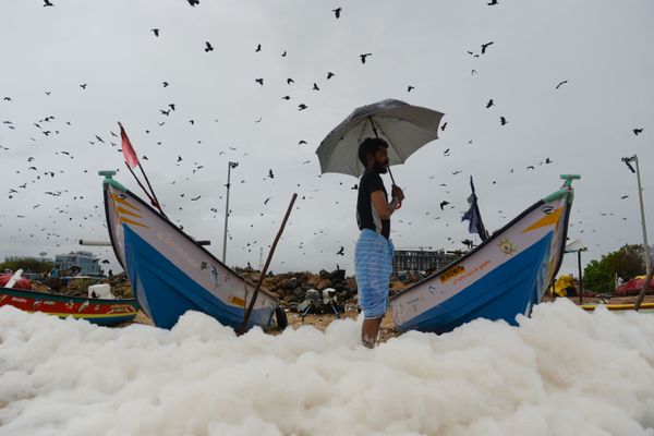 A man looks on as a foamy discharge, caused by pollutants, mixes with surf at Marina beach in Chennai on December 1, 2019. A man looks on as a foamy discharge, caused by pollutants, mixes with surf at Marina beach in Chennai on December 1, 2019. - Sputnik International