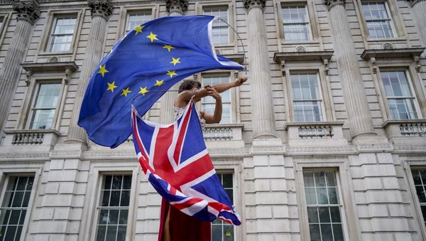 An anti-Brexit demonstrator whirls an EU and Union Flag during a demonstration against the British government's move to suspend parliament in the final weeks before Brexit outside Downing Street in London on August 31, 2019. An anti-Brexit demonstrator whirls an EU and Union Flag during a demonstration against the British government's move to suspend parliament in the final weeks before Brexit outside Downing Street in London on August 31, 2019. - Sputnik International