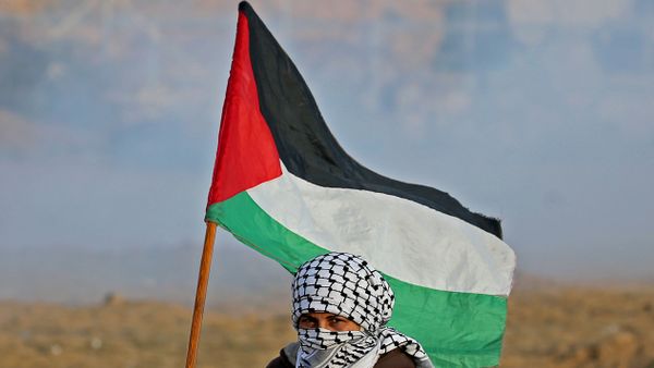 A Demonstrator holds Palestinian flag at the Israel-Gaza border fence during an anti-Israel protest, in the southern Gaza Strip December 6, 2019 - Sputnik International
