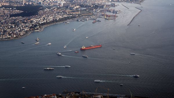 Haydarpasa port and southern entrance of the Bosphorus strait are pictured through the window of a passenger aircraft over Istanbul - Sputnik International