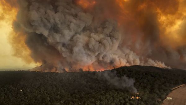 In this Monday, Dec. 30, 2019, aerial photo, wildfires rage under plumes of smoke in Bairnsdale, Australia. Thousands of tourists fled Australia's wildfire-ravaged eastern coast ahead of worsening conditions as the military started to evacuate people trapped on the shore further south. - Sputnik International