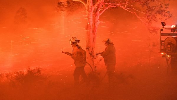 This picture taken on December 31, 2019 shows firefighters struggling against strong winds and flying embers in an effort to secure nearby houses from bushfires near the town of Nowra in the Australian state of New South Wales. This picture taken on December 31, 2019 shows firefighters struggling against strong winds and flying embers in an effort to secure nearby houses from bushfires near the town of Nowra in the Australian state of New South Wales. - Sputnik International
