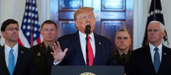 U.S. President Donald Trump delivers a statement about Iran flanked by U.S. Secretary of Defense Mark Esper, Vice President Mike Pence and military leaders in the Grand Foyer at the White House in Washington, U.S., January 8, 2020. U.S. President Donald Trump delivers a statement about Iran flanked by U.S. Secretary of Defense Mark Esper, Vice President Mike Pence and military leaders in the Grand Foyer at the White House in Washington, U.S., January 8, 2020. - Sputnik International