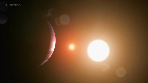 An artist's illustration shows that the stars in the TOI 1338 system make an eclipsing binary — they circle each other in our plane of view. If you could hover near the planet TOI 1338 b, you would see an eclipse every 15 days. - Sputnik International