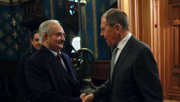 Commander of the Libyan National Army (LNA) Khalifa Haftar shakes hands with Russian Foreign Minister Sergei Lavrov before talks in Moscow, Russia January 13, 2020 Commander of the Libyan National Army (LNA) Khalifa Haftar shakes hands with Russian Foreign Minister Sergei Lavrov before talks in Moscow, Russia January 13, 2020 - Sputnik International