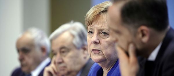 U.N. Envoy for Libya Ghassan Salame, United Nations Secretary-General Antonio Guterres, Germany's Chancellor Angela Merkel and Germany's Foreign Minister Heiko Maas attend a news conference after the Libya summit in Berlin, Germany, January 19, 2020.  Michael Kappeler/Pool via Reuters - Sputnik International