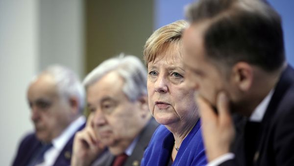 U.N. Envoy for Libya Ghassan Salame, United Nations Secretary-General Antonio Guterres, Germany's Chancellor Angela Merkel and Germany's Foreign Minister Heiko Maas attend a news conference after the Libya summit in Berlin, Germany, January 19, 2020.  Michael Kappeler/Pool via Reuters - Sputnik International