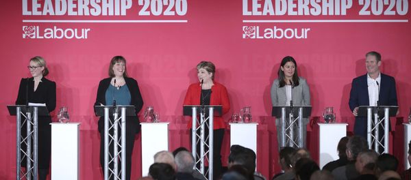 From left, Labour Members of Parliament, Rebecca Long-Bailey, Jess Phillips, Emily Thornberry, Lisa Nandy and Keir Starmer stand on the stage, during the first Labour leadership hustings at the ACC Liverpool, in Liverpool, England, Saturday, Jan. 18, 2020. From left, Labour Members of Parliament, Rebecca Long-Bailey, Jess Phillips, Emily Thornberry, Lisa Nandy and Keir Starmer stand on the stage, during the first Labour leadership hustings at the ACC Liverpool, in Liverpool, England, Saturday, Jan. 18, 2020. - Sputnik International