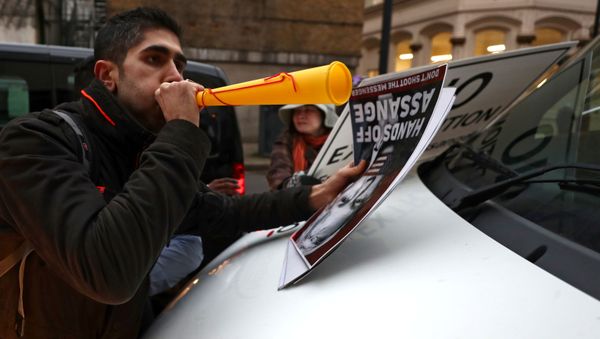 A protester jumps in front of the prison van takin away WikiLeaks' founder Julian Assange as he leaves Westminster Magistrates Court in London, Britain January 13, 2020 A protester jumps in front of the prison van takin away WikiLeaks' founder Julian Assange as he leaves Westminster Magistrates Court in London, Britain January 13, 2020 - Sputnik International