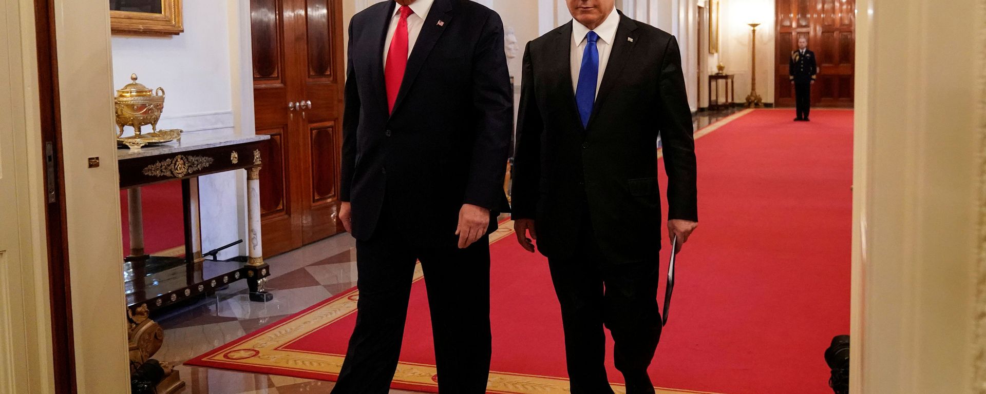 U.S. President Donald Trump and Israel's Prime Minister Benjamin Netanyahu arrive to deliver joint remarks on a Middle East peace plan proposal in the East Room of the White House in Washington, U.S., January 28, 2020. U.S. President Donald Trump and Israel's Prime Minister Benjamin Netanyahu arrive to deliver joint remarks on a Middle East peace plan proposal in the East Room of the White House in Washington, U.S., January 28, 2020. - Sputnik International, 1920, 09.02.2020