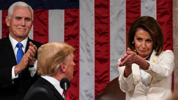 US President Donald Trump arrives to deliver the State of the Union address, alongside Speaker of the House Nancy Pelosi and Vice President Mike Pence,at the US Capitol in Washington, DC, on February 5, 2019.  - Sputnik International