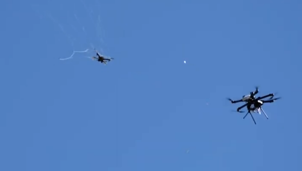 Fortem Technologies' SkyDome-enabled DroneHunter system is seen chasing an enemy drone and capturing the aircraft with its net. - Sputnik International
