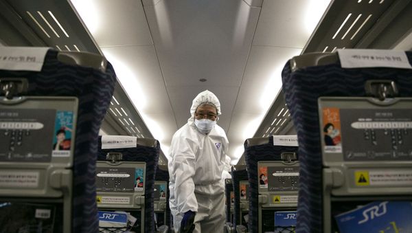 A worker rom a cleaning and disinfection service at Suseo railway station in Seoul - Sputnik International