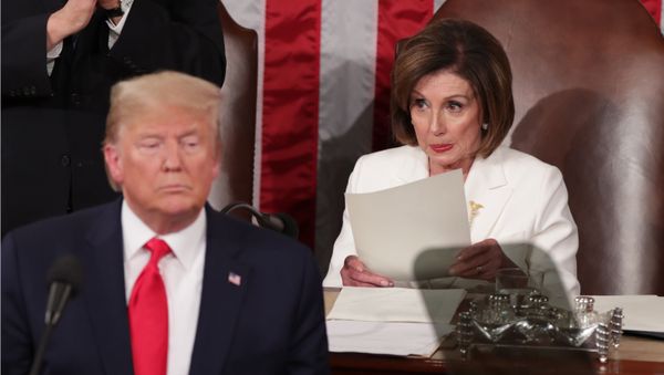 U.S. President Donald Trump speaks near Speaker of the House Nancy Pelosi (D-CA) during his State of the Union address to a joint session of the U.S. Congress in the House Chamber of the U.S. Capitol in Washington, U.S. February 4, 2020 U.S. President Donald Trump speaks near Speaker of the House Nancy Pelosi (D-CA) during his State of the Union address to a joint session of the U.S. Congress in the House Chamber of the U.S. Capitol in Washington, U.S. February 4, 2020 - Sputnik International