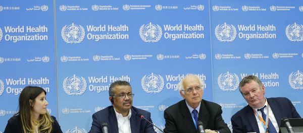 Dr. Maria D Van Kerkhove, Head AI Emerging Diseases and Zoonoses Unit, World Health Organization (WHO) Director-General Tedros Adhanom Ghebreyesus, Professor Didier Houssin, Chair of the Emergency Committee, and WHO health emergencies programme Michael Ryan sit together for a  press conference following an emergency committee meeting over new SARS-like virus spreading in China and other nations, in Geneva on January 22, 2020. - Sputnik International